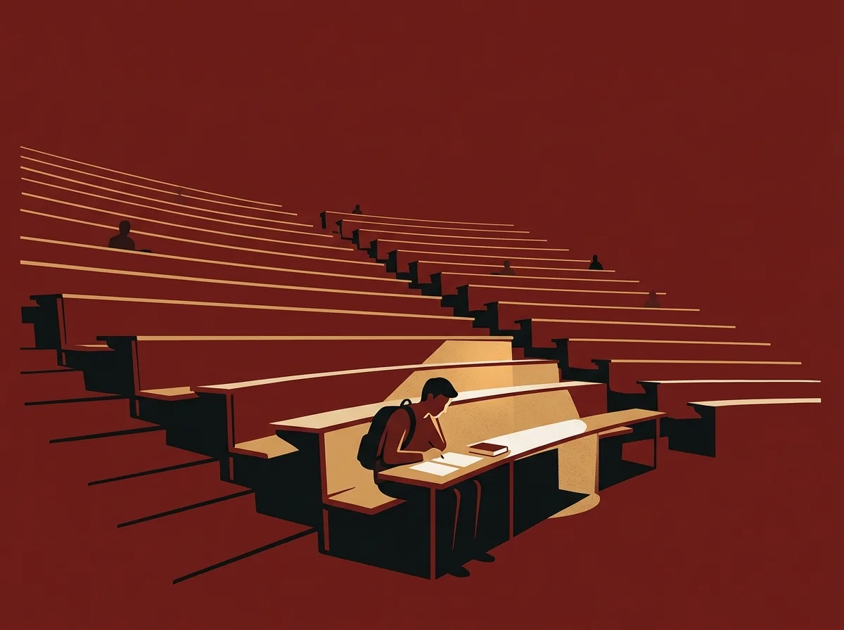 Un étudiant seul dans un vaste amphithéâtre