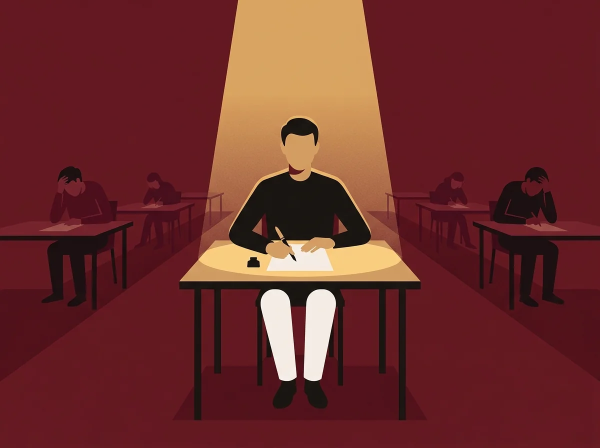 Un étudiant concentré sous un projecteur pendant un partiel, calme là où les autres paniquent