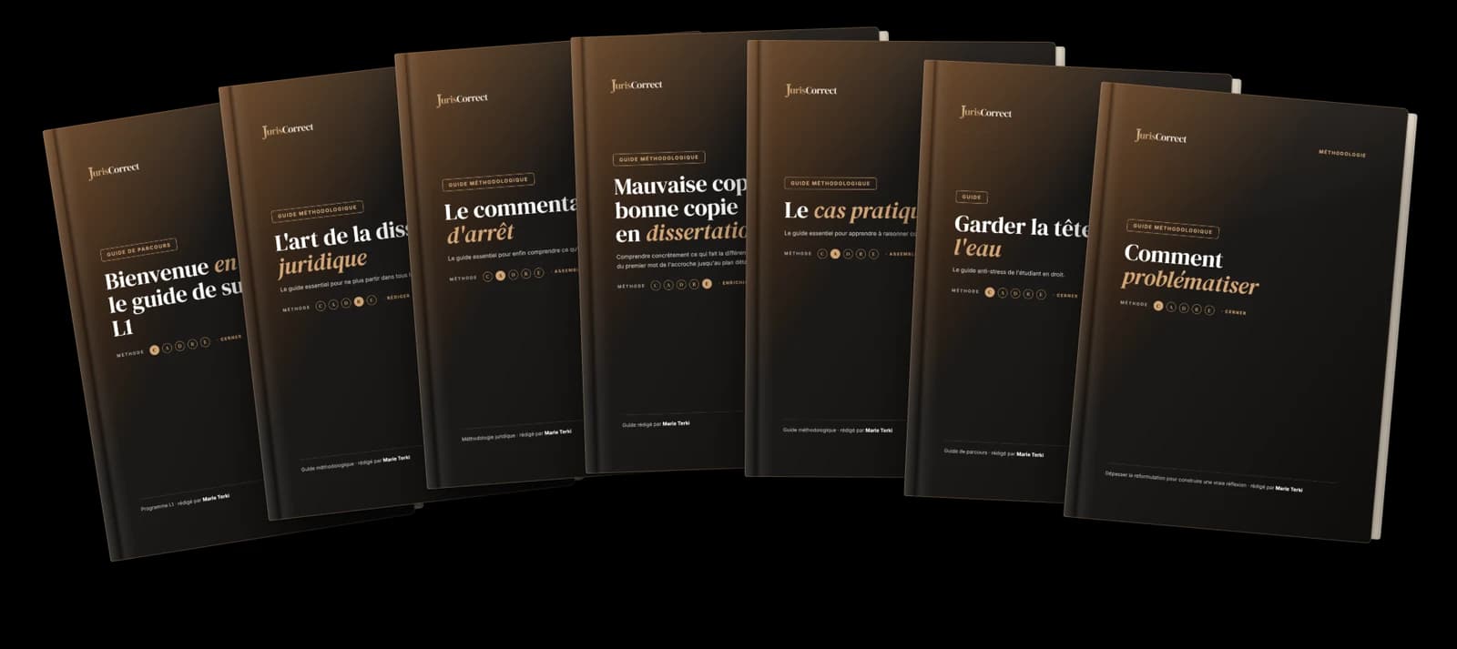 Les 7 ressources offertes : le guide de ton année, Comment problématiser, L'art du commentaire d'arrêt, L'art de la dissertation juridique, Mauvaise copie / Bonne copie, Le cas pratique et la fiche anti-stress.