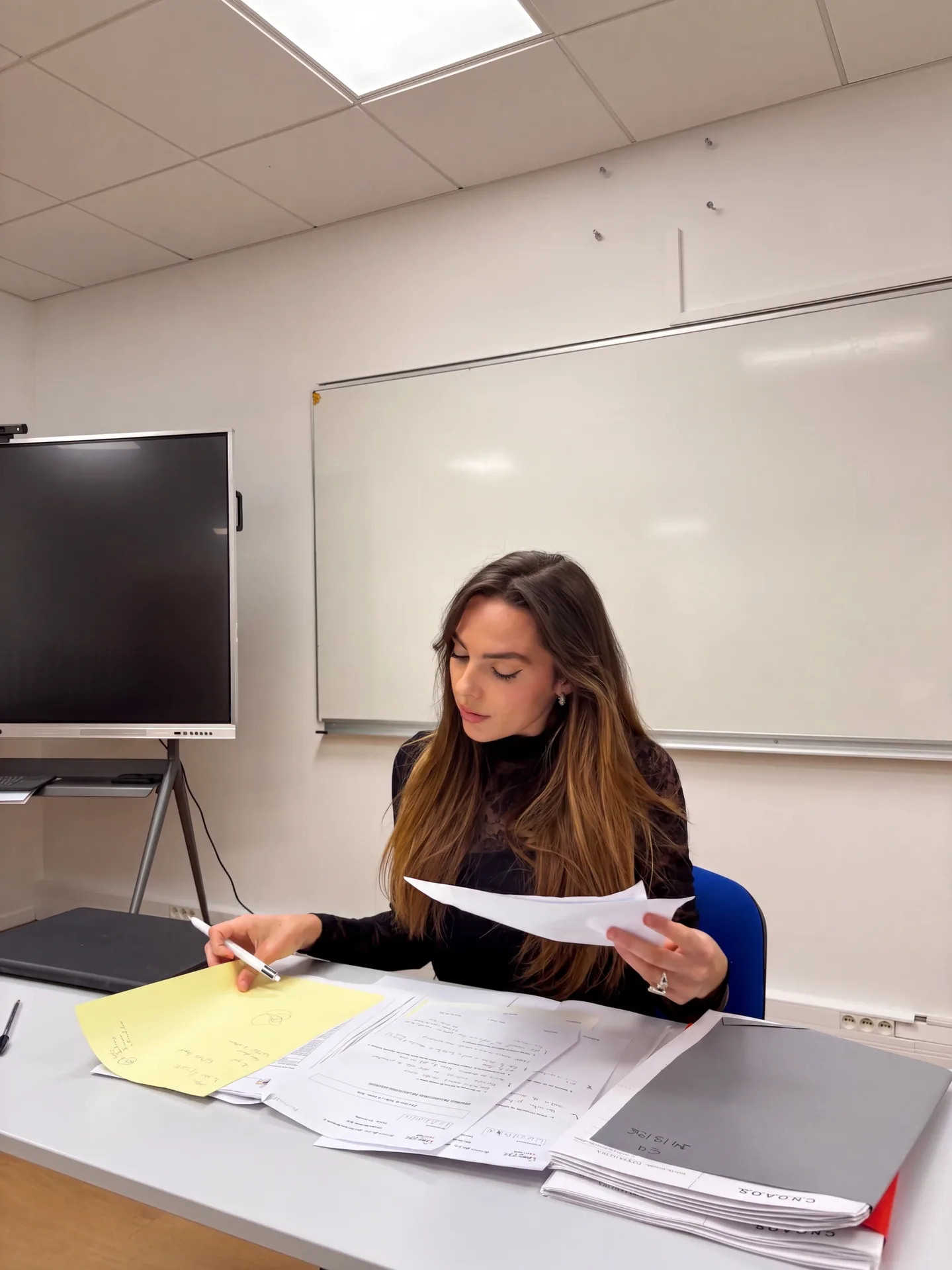 Marie Terki, doctorante en droit, corrigeant une copie