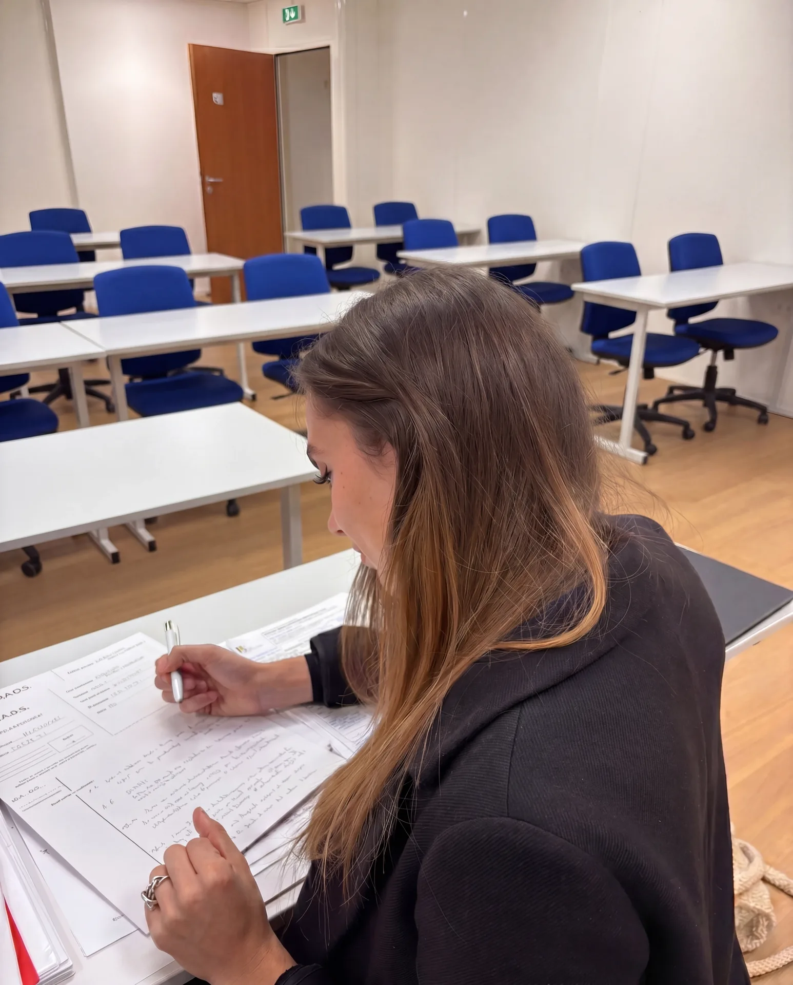 Marie en plein travail de recherche, livres de droit ouverts sur son bureau