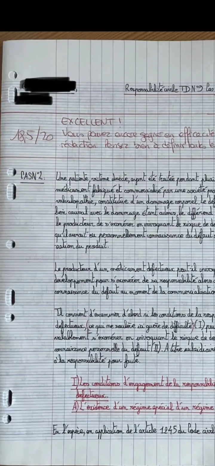 Photo manuscrite d'une copie de TD de responsabilité civile notée 18,5/20 avec mention « EXCELLENT » du correcteur — accompagnement Marie Terki