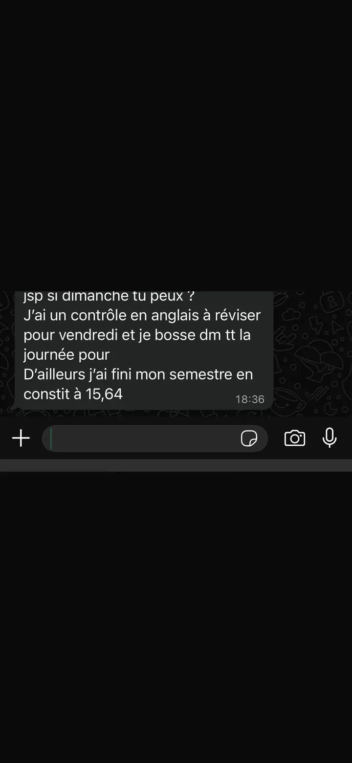 Capture WhatsApp d'une moyenne de 15,64 en droit constitutionnel obtenue après accompagnement par Marie Terki