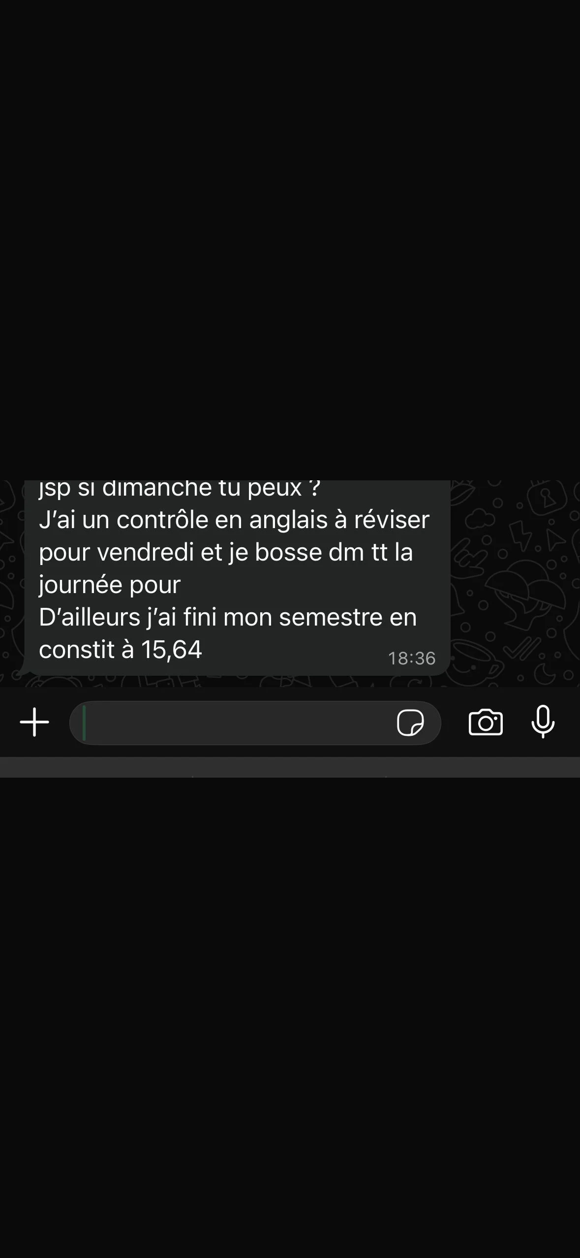 Capture WhatsApp d'une moyenne de 15,64 en droit constitutionnel obtenue après accompagnement par Marie Terki