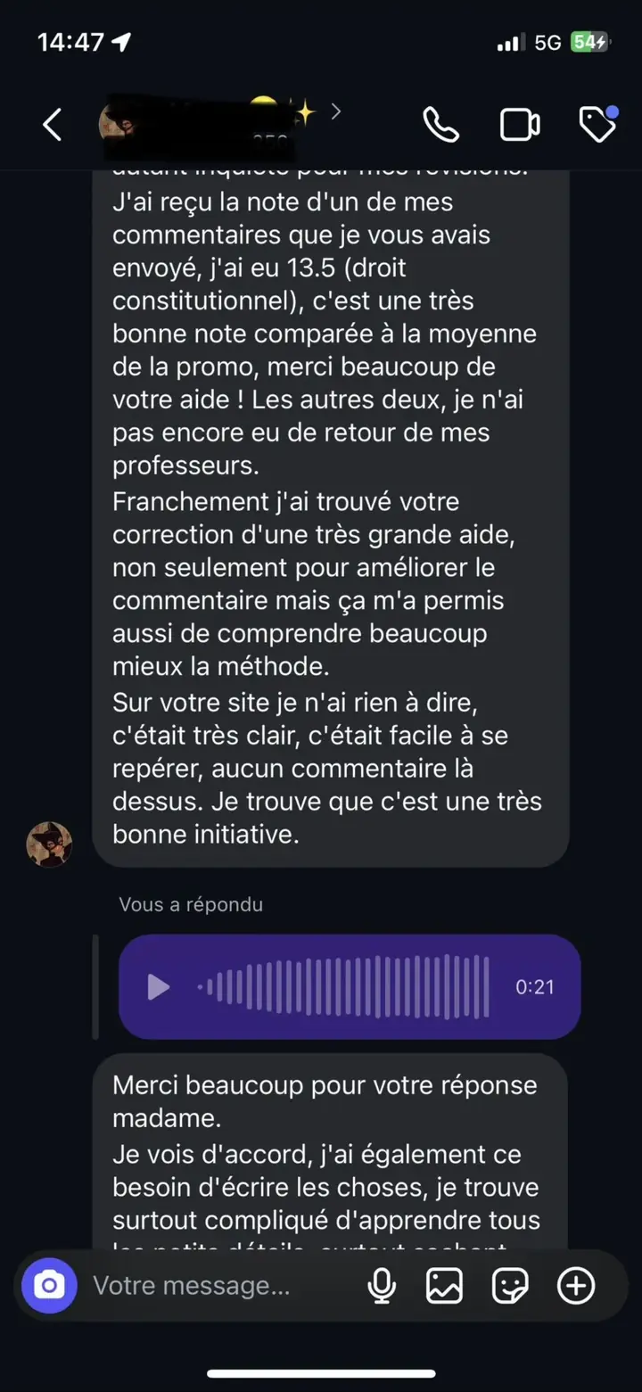 Témoignage Instagram d'une étudiante : 13,5 en commentaire de droit constitutionnel, au-dessus de la moyenne de promo, grâce à Marie Terki