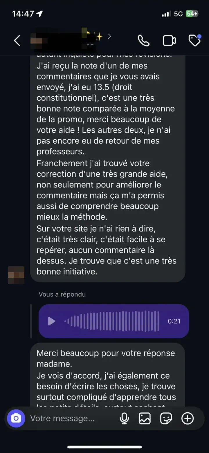 Témoignage Instagram d'une étudiante : 13,5 en commentaire de droit constitutionnel, au-dessus de la moyenne de promo, grâce à Marie Terki