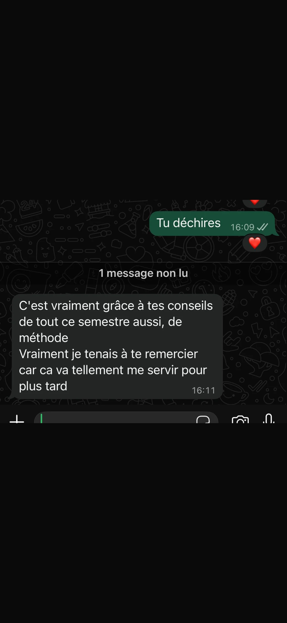 Témoignage WhatsApp d'une étudiante saluant la méthode et les conseils de Marie Terki tout au long du semestre