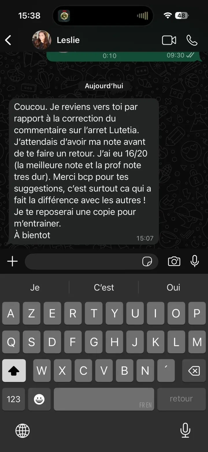 Témoignage WhatsApp d'une étudiante : 16/20 sur l'arrêt Lutetia, meilleure note de la promo, après correction Marie Terki