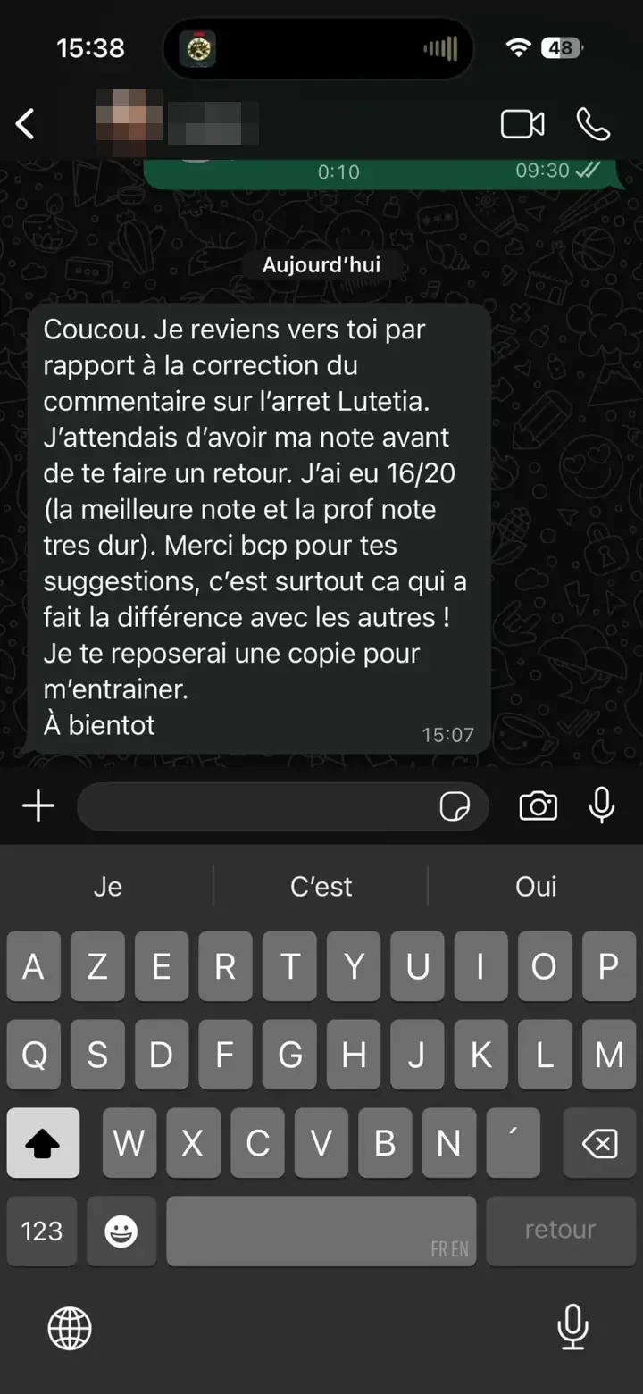 Témoignage WhatsApp d'une étudiante : 16/20 sur l'arrêt Lutetia, meilleure note de la promo, après correction Marie Terki
