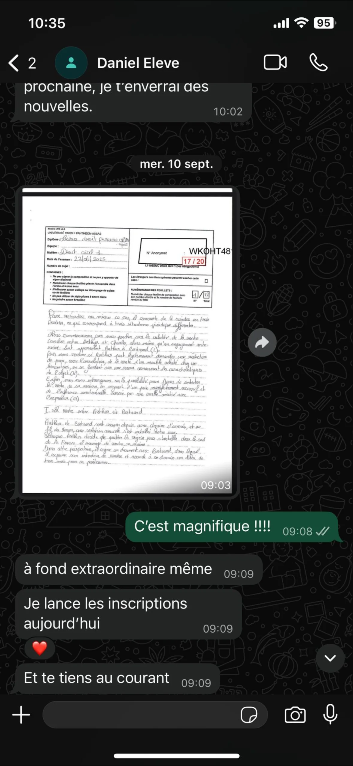 Capture d'une copie notée 17/20 en droit civil 1 (les obligations) après accompagnement par Marie Terki