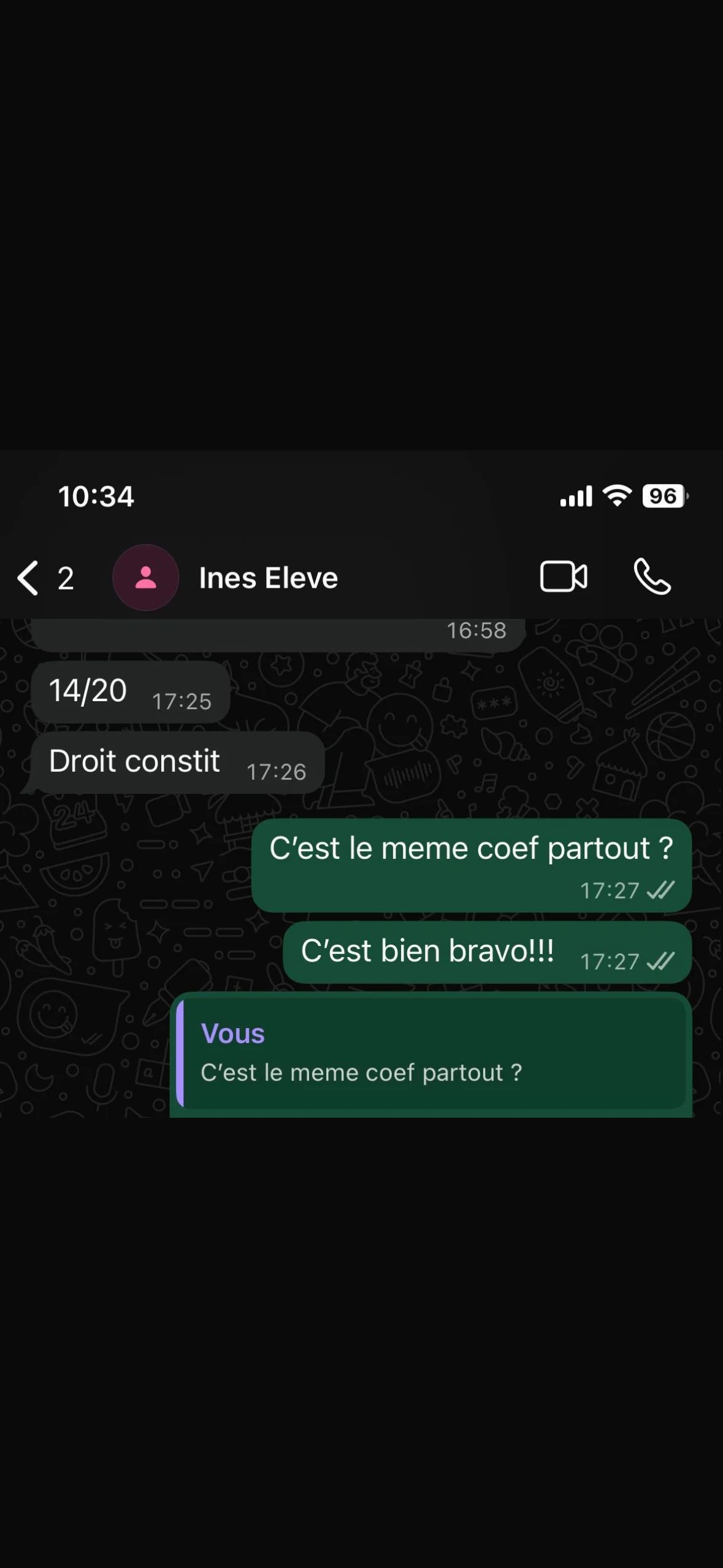 Capture WhatsApp d'un 14/20 obtenu en droit constitutionnel après correction de copie par Marie Terki