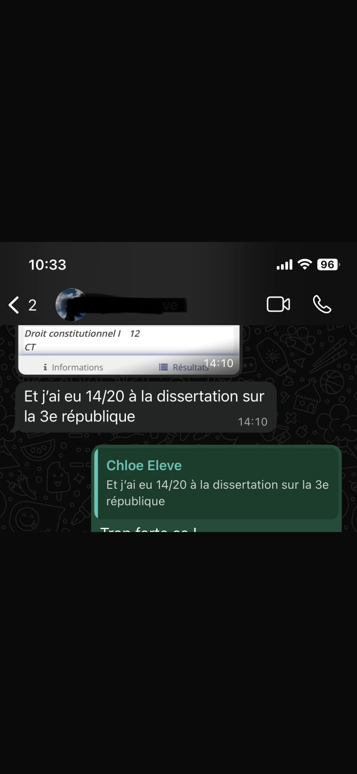 Capture WhatsApp d'un 14/20 obtenu en dissertation de droit constitutionnel sur la 3e République après accompagnement par Marie Terki