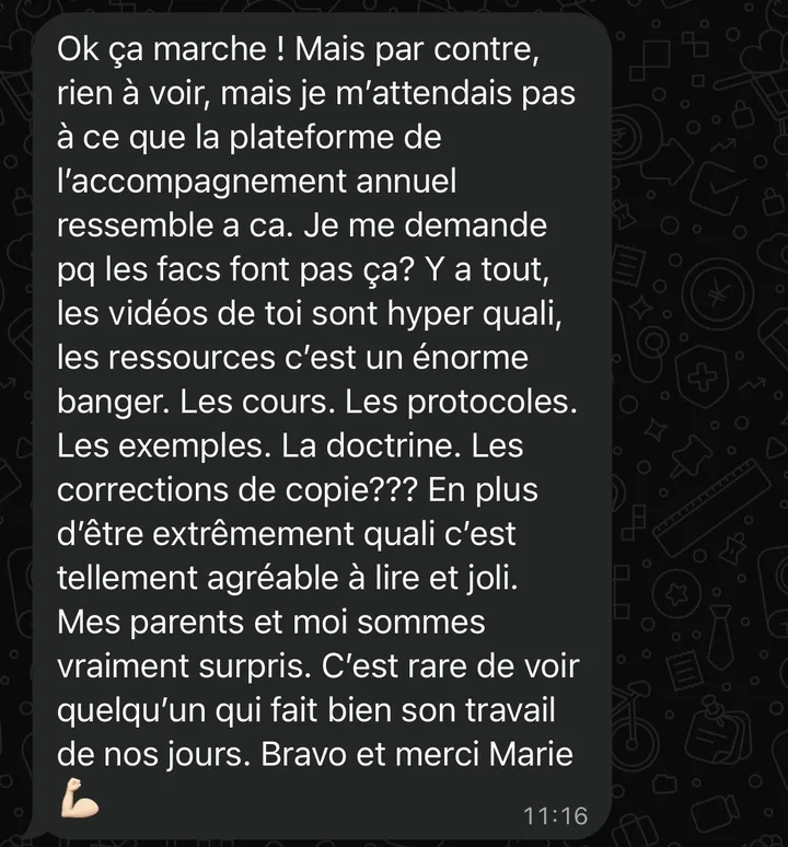 Capture WhatsApp d'un étudiant surpris par la plateforme de l'accompagnement annuel de Marie Terki : vidéos, ressources, cours, protocoles, exemples, doctrine et corrections de copie.