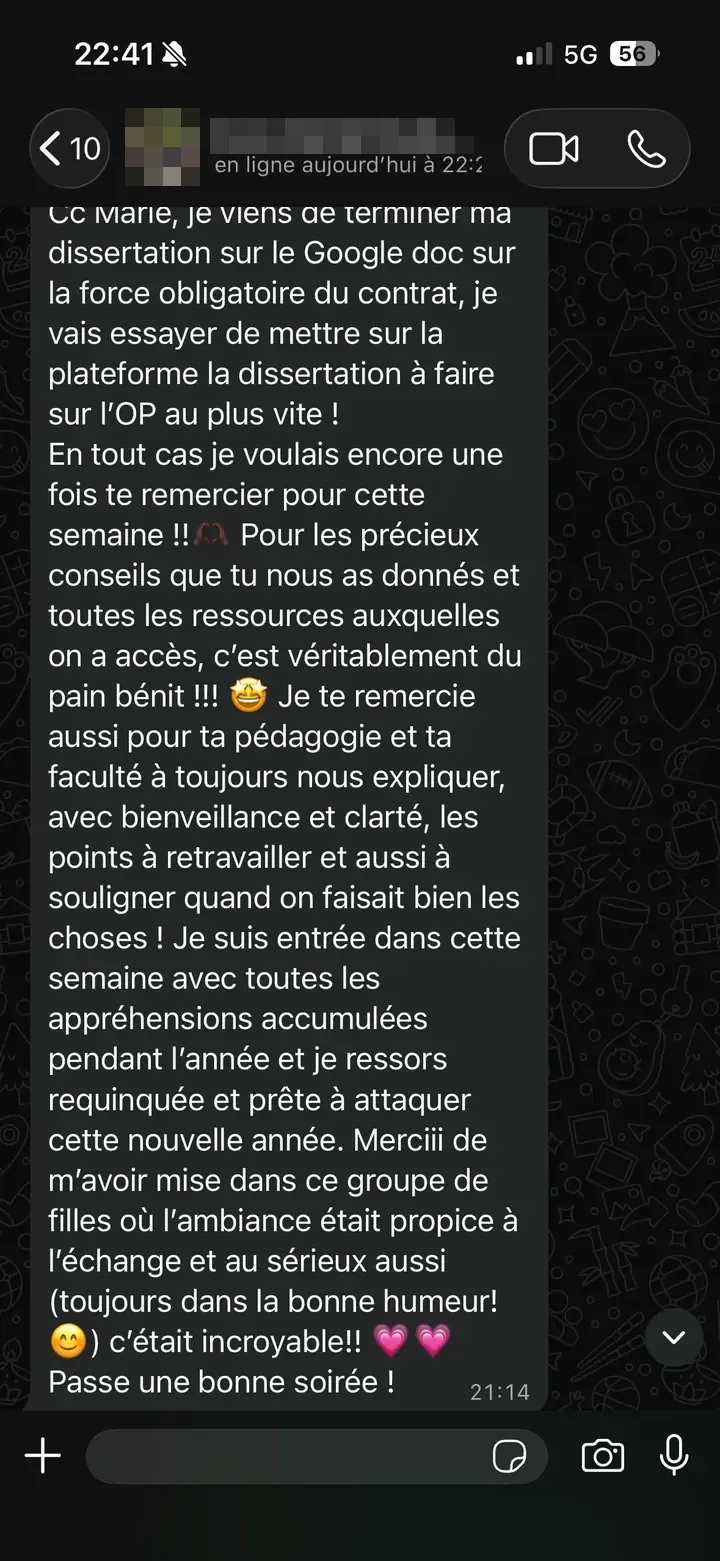 Capture WhatsApp d'une étudiante remerciant Marie Terki pour le stage d'été et ses ressources, disant ressortir requinquée et prête à attaquer la nouvelle année après une année d'appréhensions.