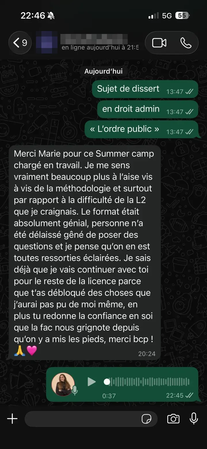 Capture WhatsApp d'une étudiante remerciant Marie Terki pour le stage d'été, se sentant plus à l'aise face à la méthodologie et à la difficulté de la L2, et décidée à continuer pour le reste de la licence.