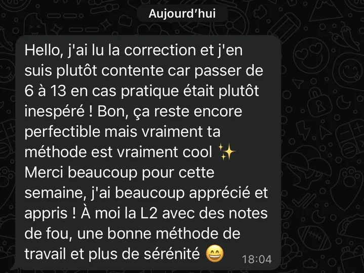 Capture WhatsApp d'une étudiante remerciant Marie Terki après le stage d'été, contente d'être passée de 6 à 13 en cas pratique et saluant sa méthode, avec plus de sérénité pour la L2.